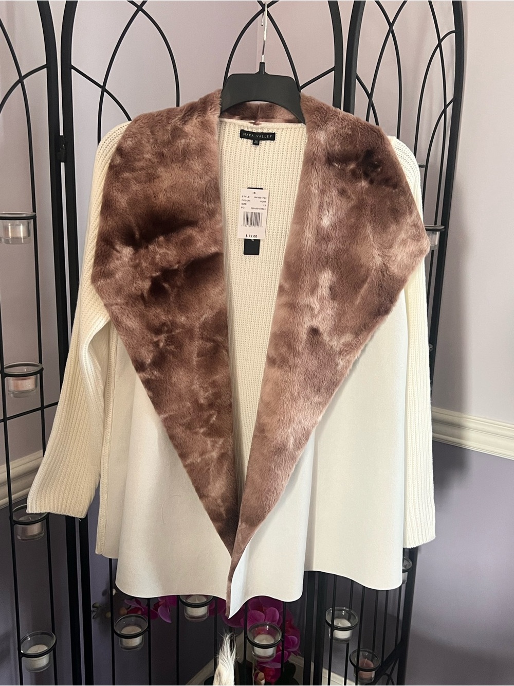 Worthington Cream Open-Front Sweater Cardigan with Brown Faux-Fur Shawl Collar